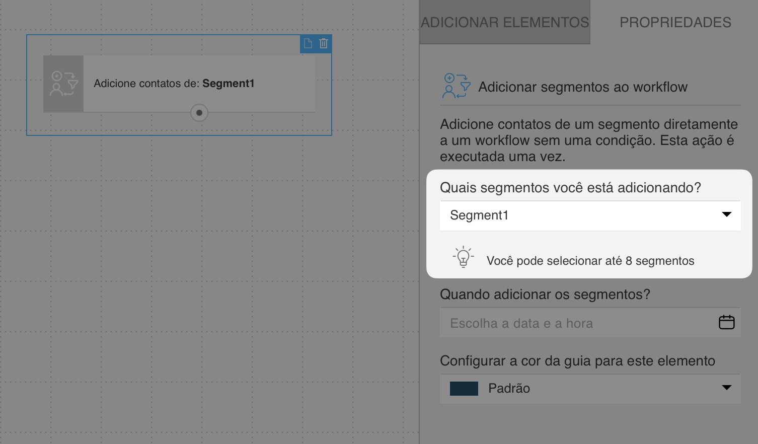 As configurações das ações "Adicionar segmentos ao fluxo de trabalho" mostram um menu suspenso com seleção de segmento.