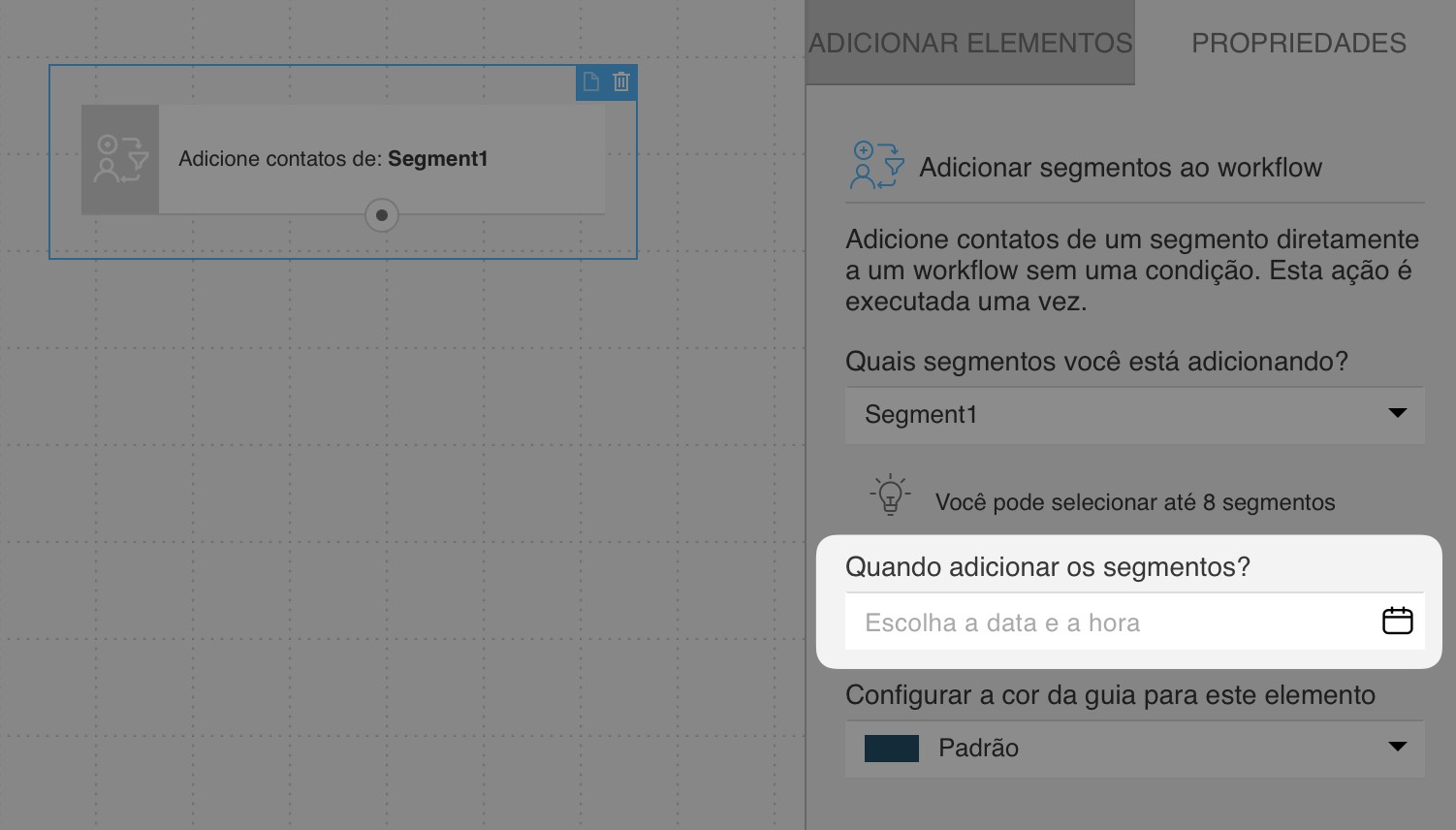 Seletor de datas nas configurações da ação "Adicionar segmentos ao fluxo de trabalho".