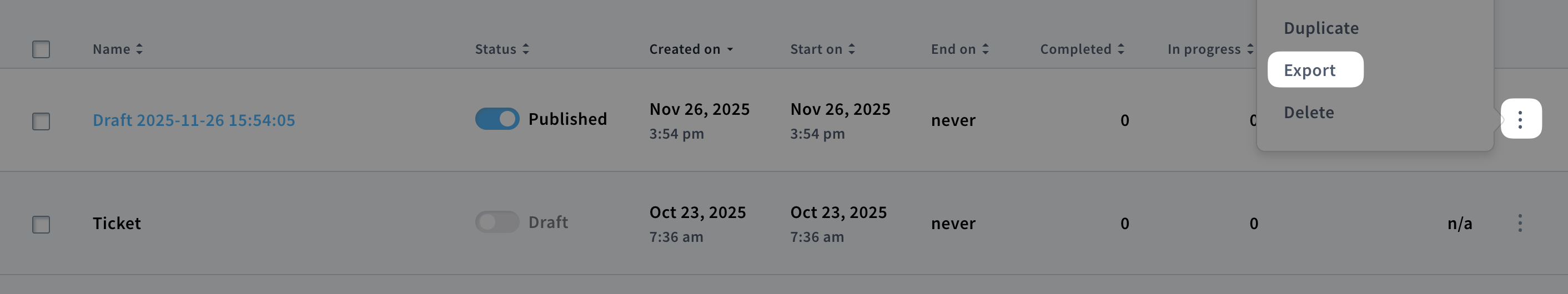 Export option on the Manage workflows page.