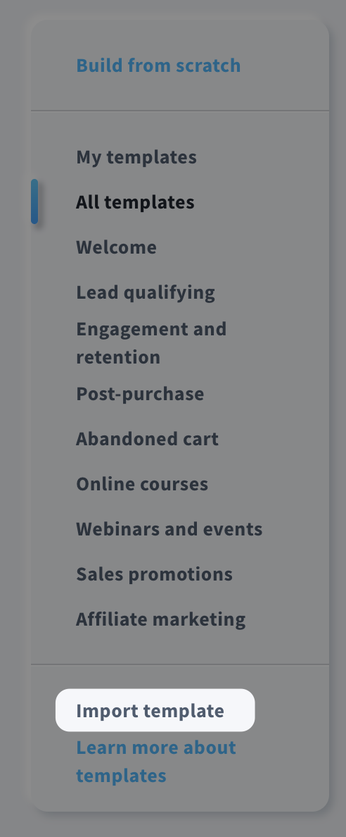 Import template button on the page where you can choose automation templates.