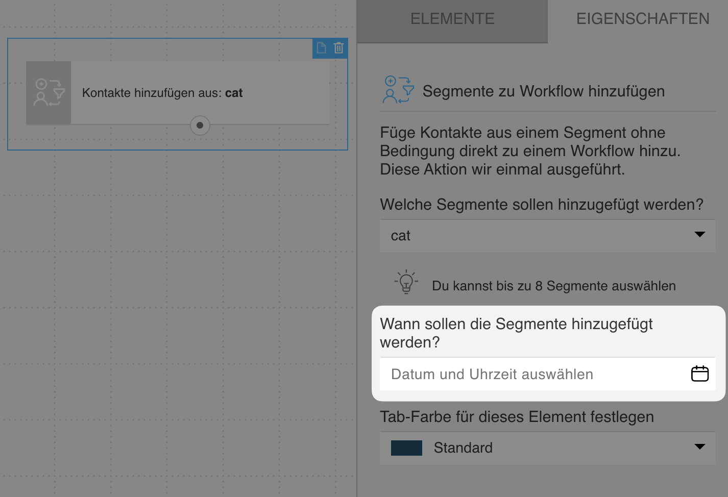 Datumswähler in den Einstellungen der Aktion Segmente zum Workflow hinzufügen