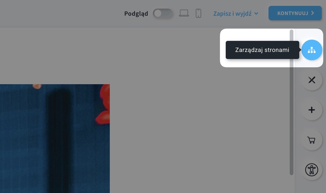 Przejście do sekcji „Zarządzaj stronami” w edytorze landing page.