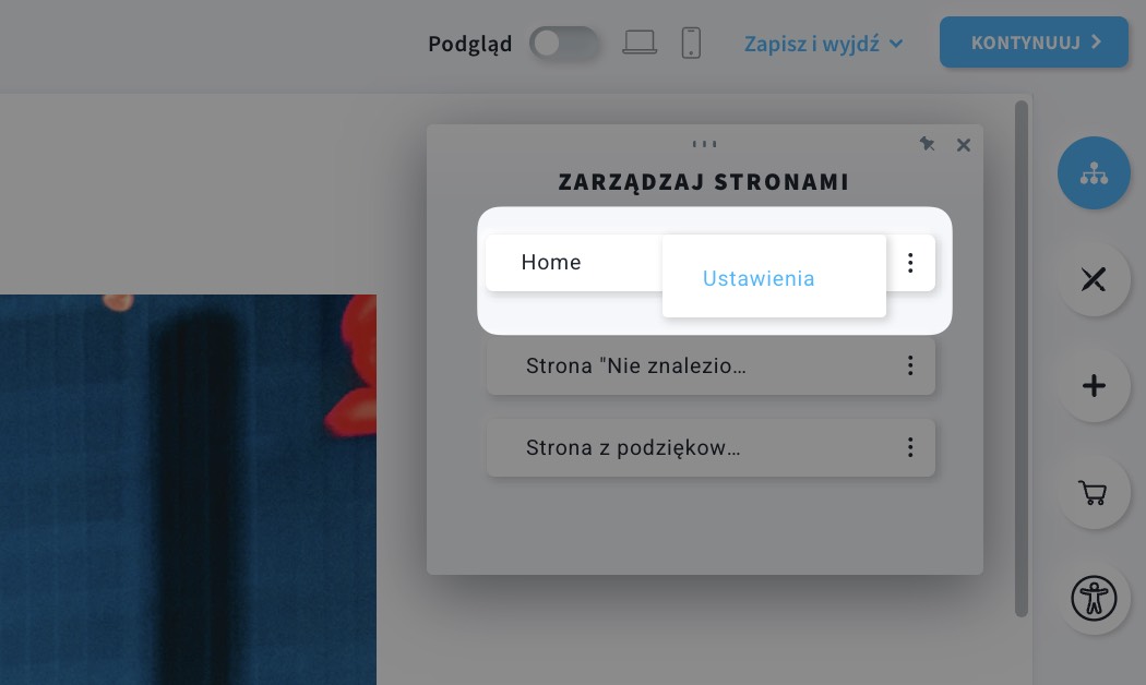 Zakładka ustawień strony w edytorze Landing Page.