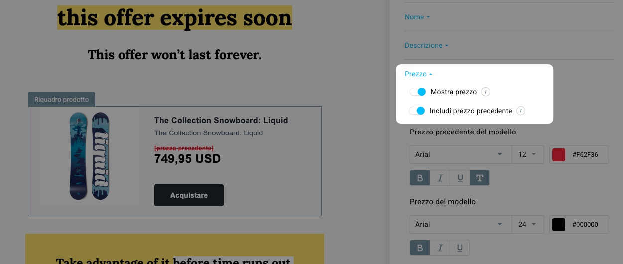 Impostazione dei prezzi promozionali nei riquadri dei prodotti in GetResponse.
