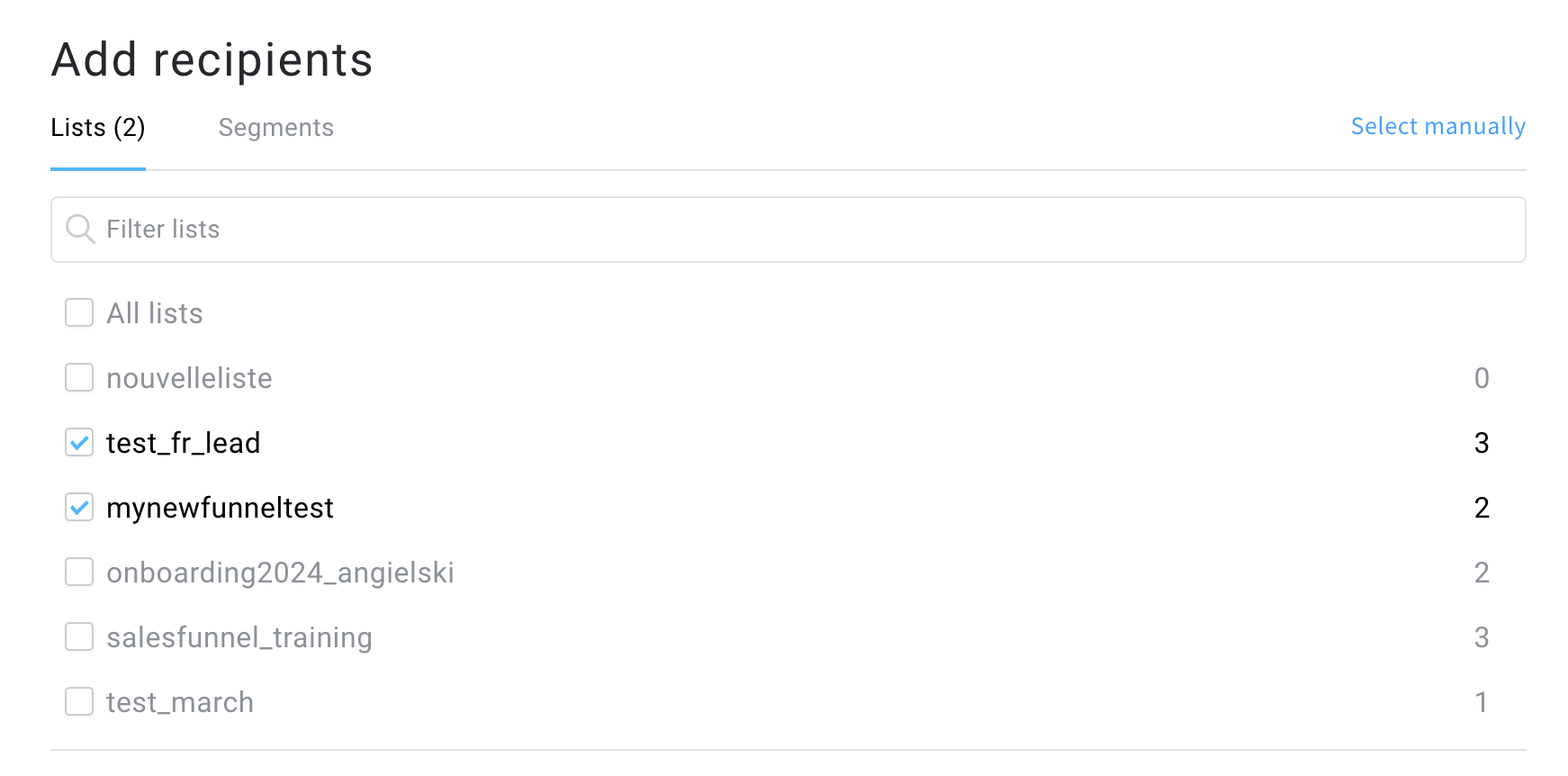 Selecting lists or segments to send the text message to.
