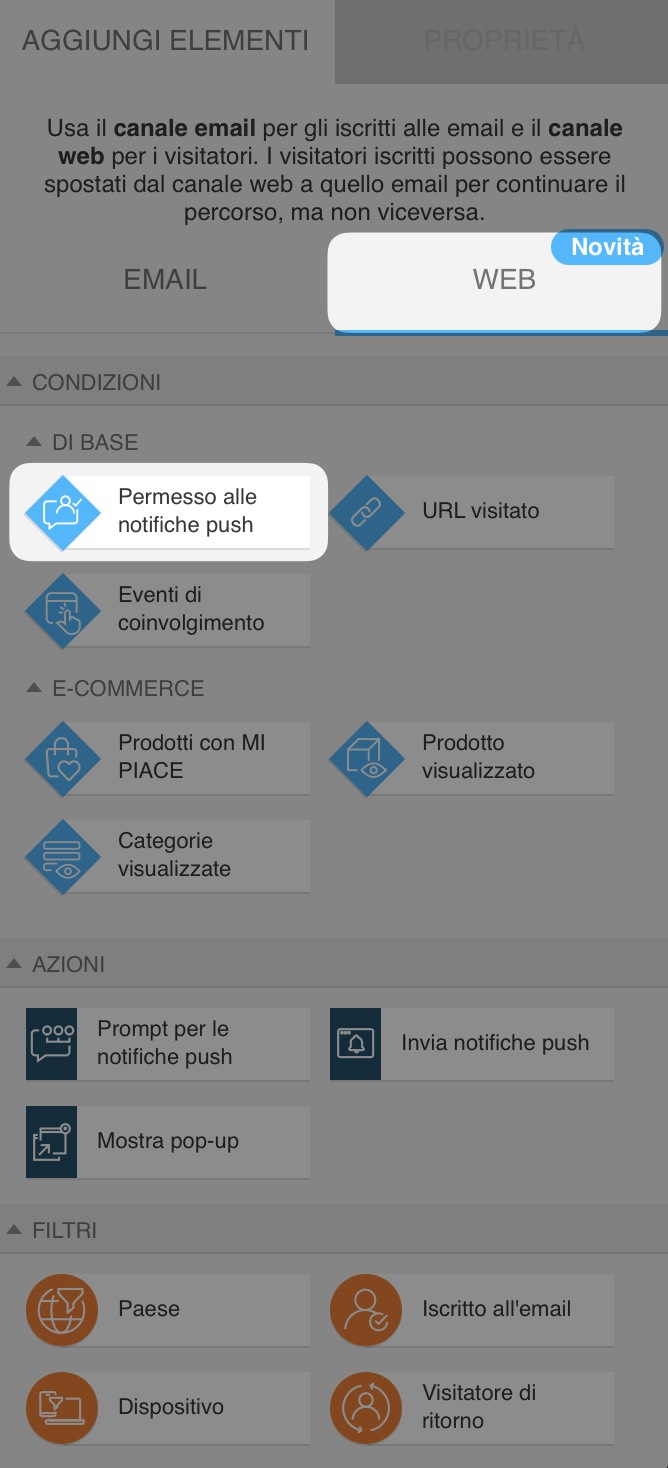 Sezione di automazione del canale web con la condizione "Autorizzazione alle notifiche push concessa" selezionata tra le condizioni web di base.