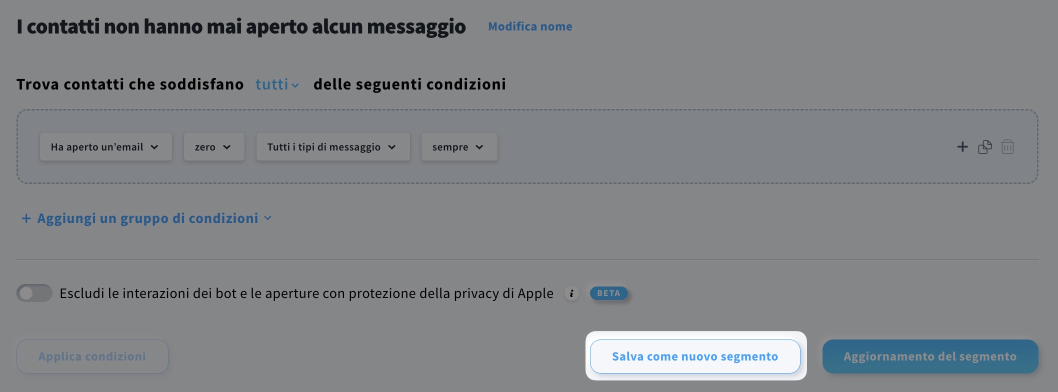 Pulsante Salva come nuovo segmento.