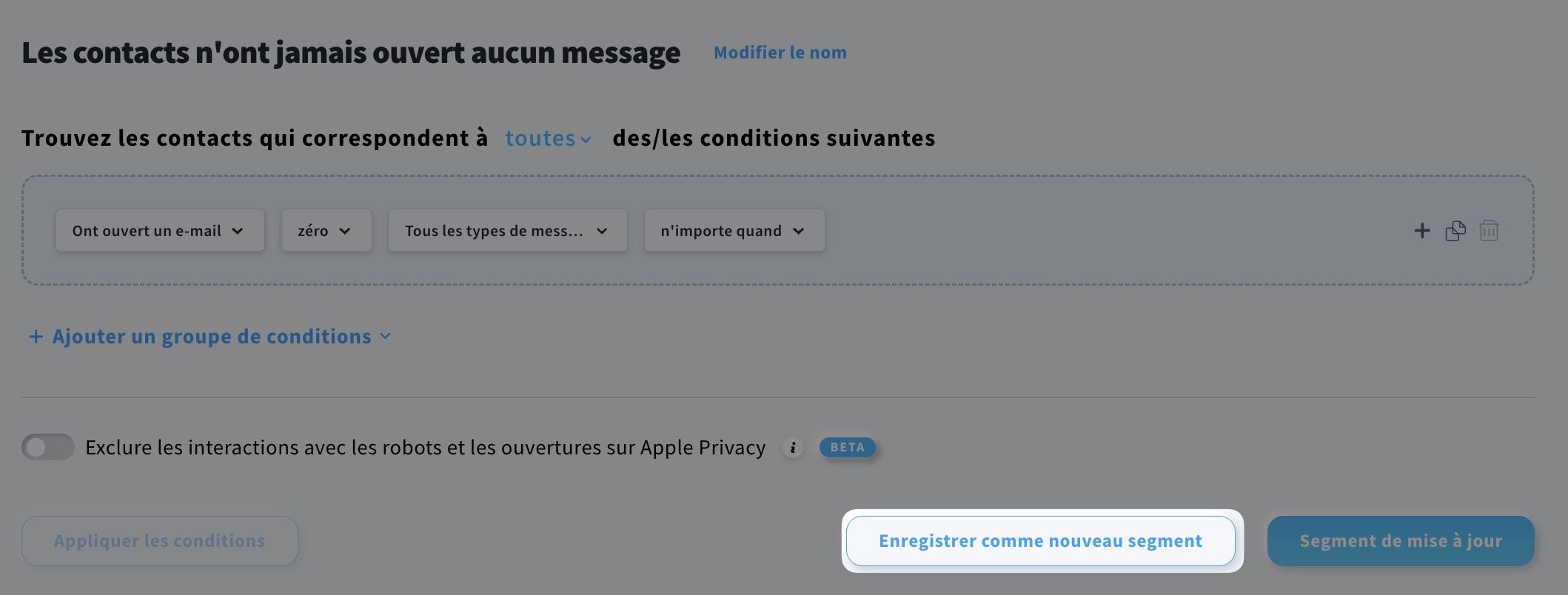 Bouton Enregistrer comme nouveau segment.