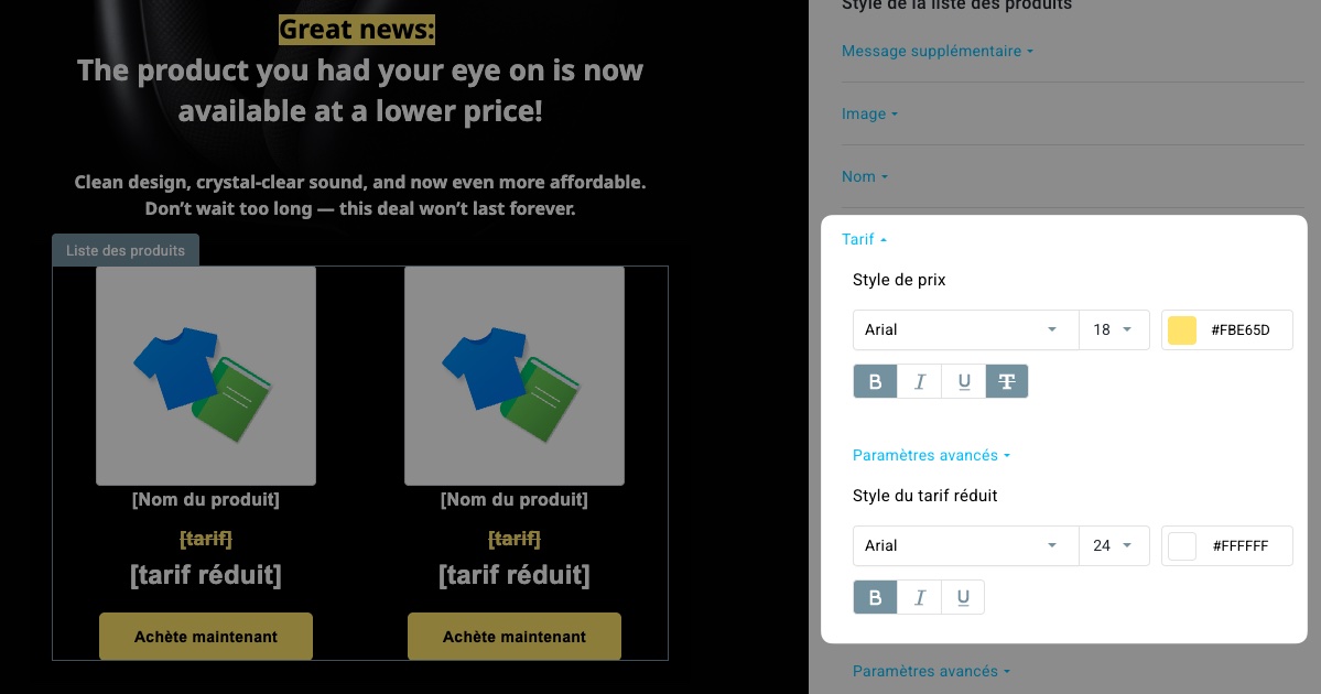 Options de style du prix et du prix remisé dans l’éditeur des campagnes Price Drop de GetResponse.