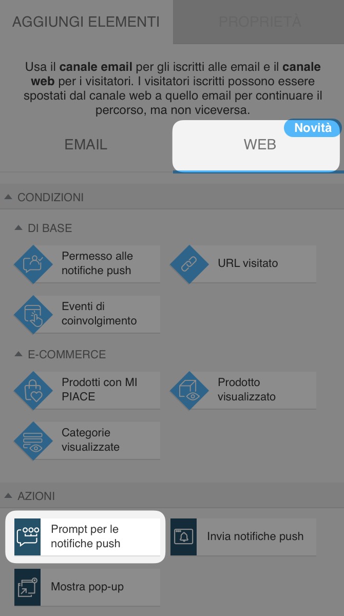 Sezione di automazione del canale web con l'azione "Richiedi notifica push" selezionata tra le azioni web di base