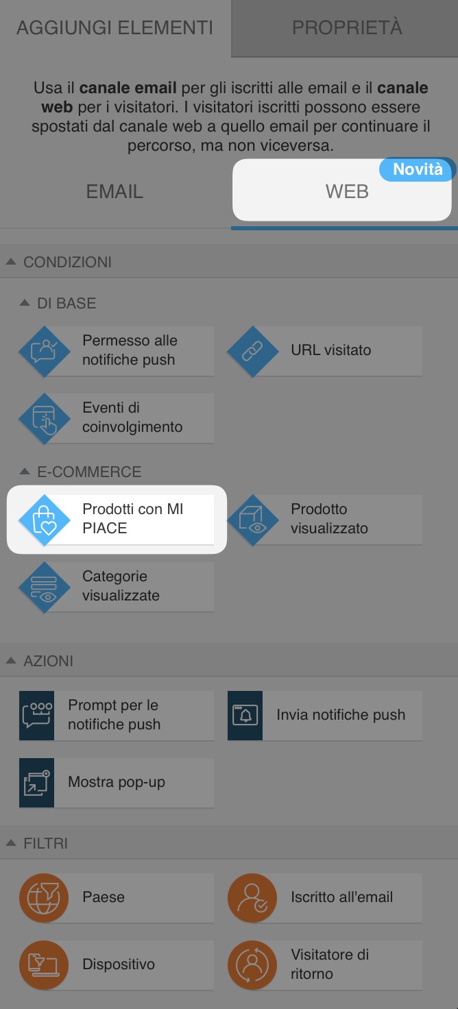 Sezione di automazione del canale web con la condizione "Prodotto apprezzato" selezionata nelle condizioni web di base