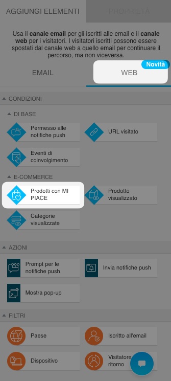 Sezione di automazione del canale web con la condizione "Prodotto apprezzato" selezionata nelle condizioni web di base