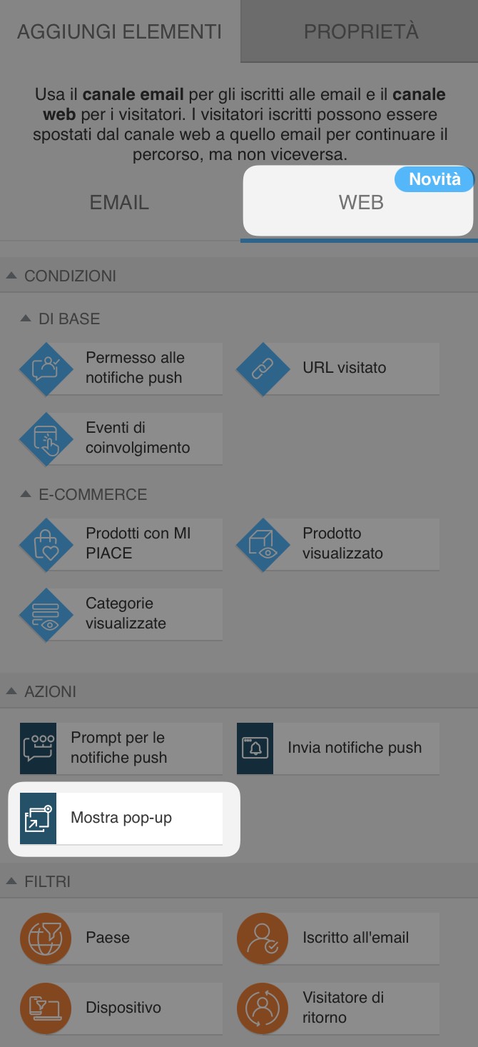 Sezione di automazione del canale web con l'azione "Mostra popup" selezionata in Azioni web di base.