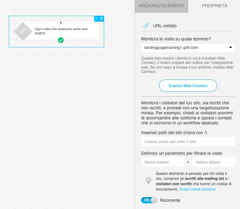 Impostazioni della condizione 'URL visitato'