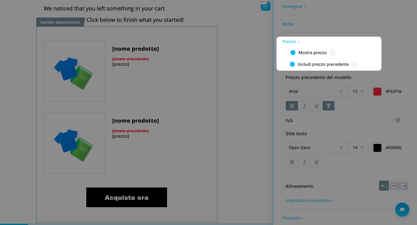 Mostra il prezzo e includi le opzioni per visualizzare il prezzo precedente nell’editor delle campagne Ecommerce di GetResponse.