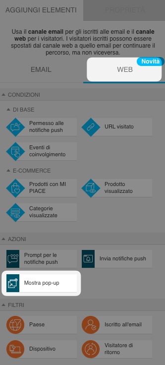 Sezione di automazione del canale web con l'azione "Mostra popup" selezionata in Azioni web di base.