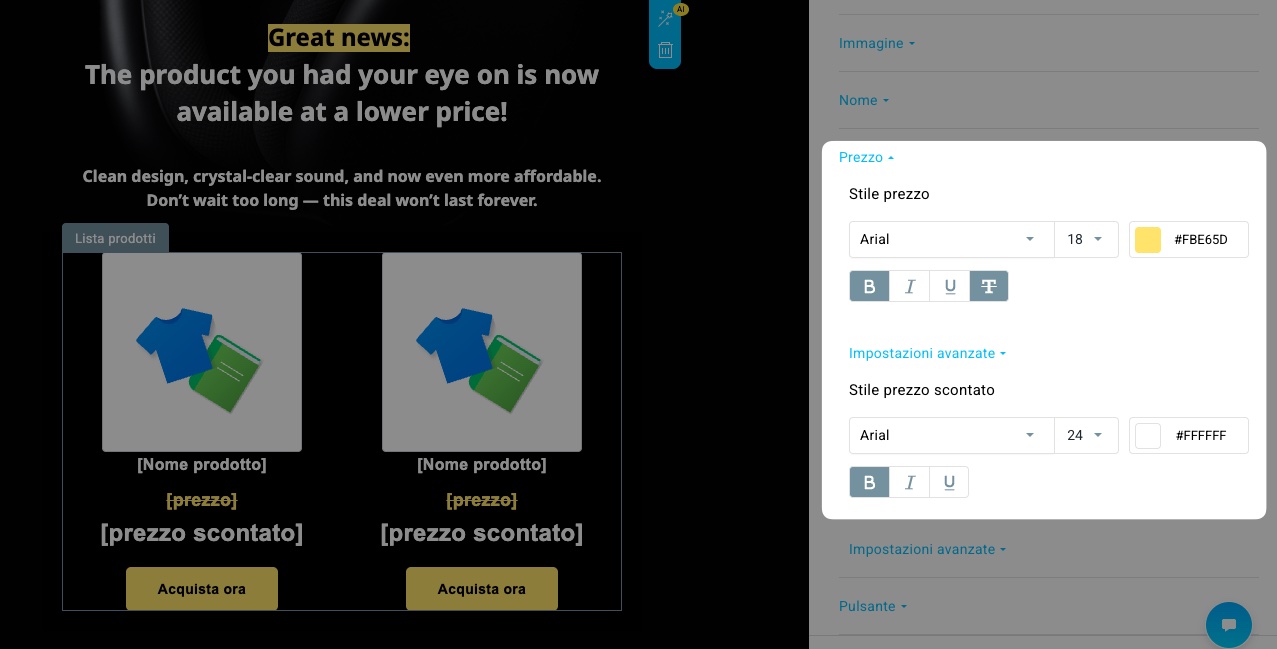 Opzioni di stile del prezzo e dello stile del prezzo scontato nell’editor delle campagne Price Drop di GetResponse.