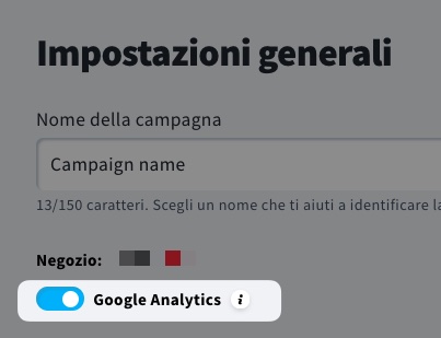 Attiva/disattiva Google Analytics nella sezione Impostazioni generali.