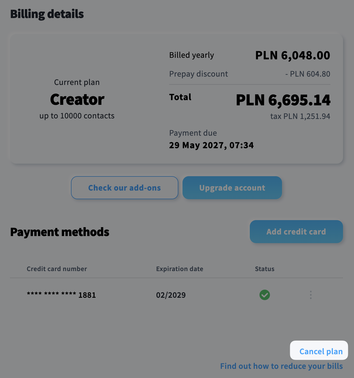 'Cancel plan' button on the billing page.