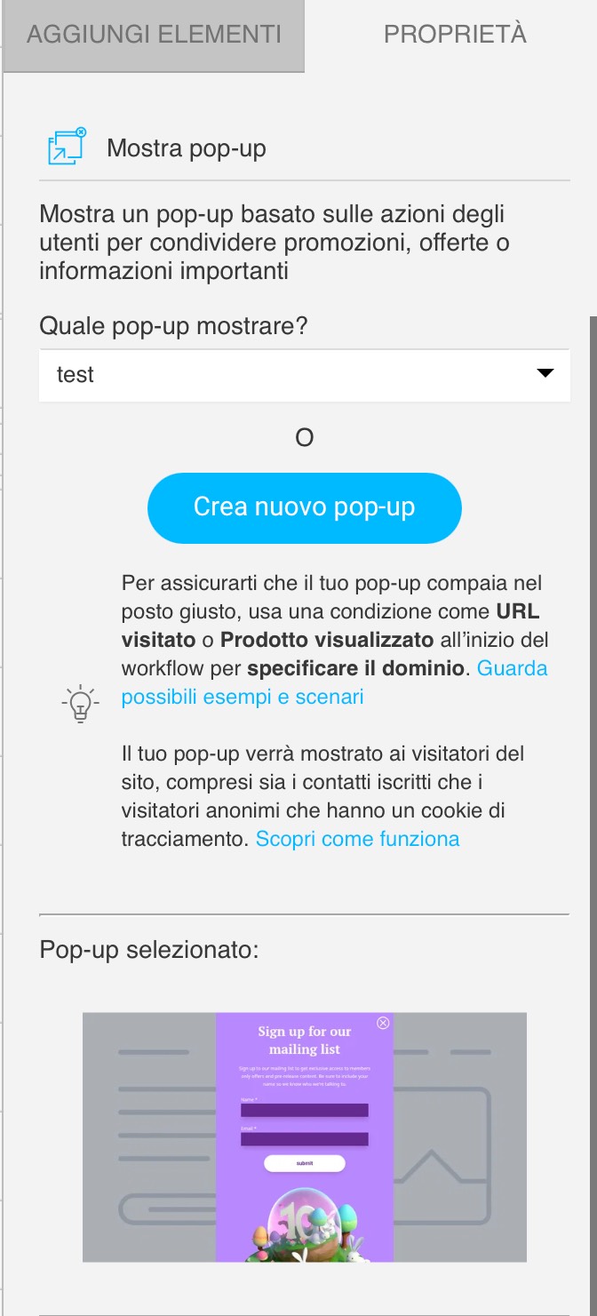 impostazioni dell'azione Mostra popup