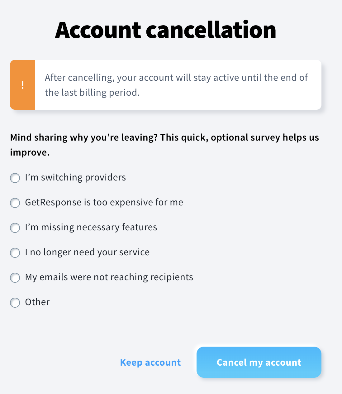 Optional form to provide cancelation reason.