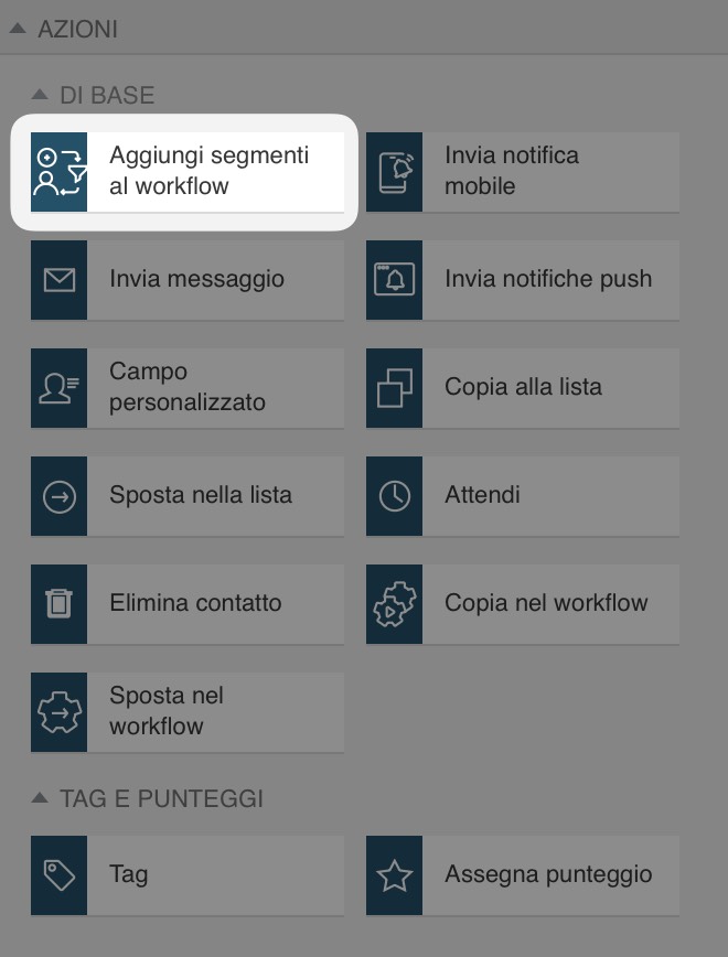 Aggiungi segmenti all'azione del flusso di lavoro nel creatore di flussi di lavoro di GetResponse.