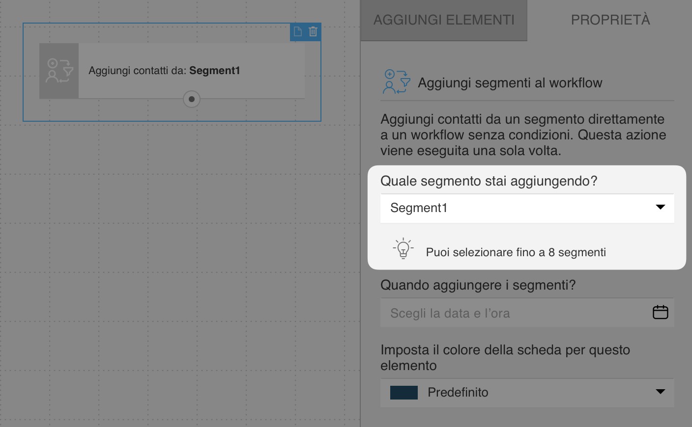 Impostazioni dell'azione "Aggiungi segmenti al flusso di lavoro" che mostra un menu a tendina con la selezione del segmento.