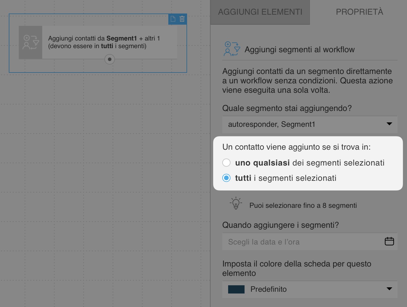 Menu a tendina per decidere se i contatti debbano essere inclusi in uno qualsiasi dei segmenti selezionati o in tutti.