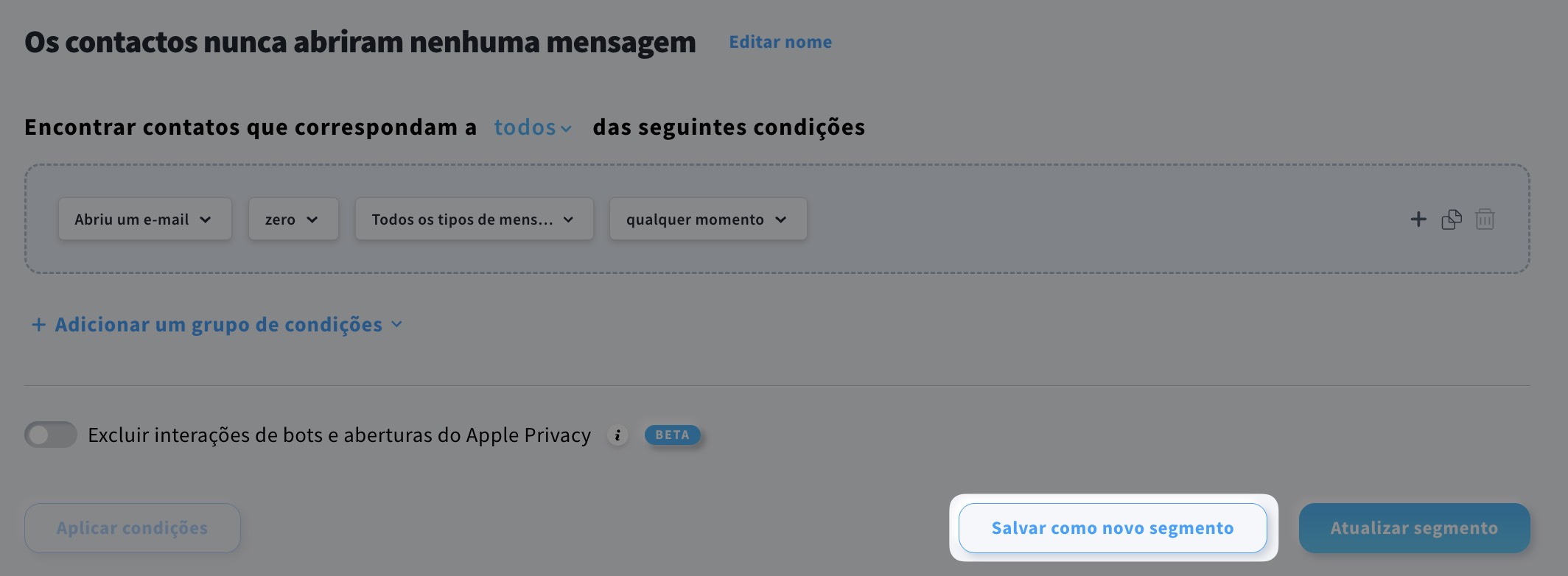 Botão Salvar como novo segmento.
