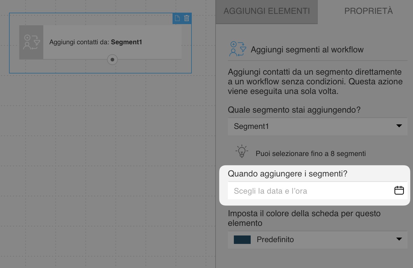 Selettore di data nelle impostazioni dell'azione Aggiungi segmenti al flusso di lavoro.