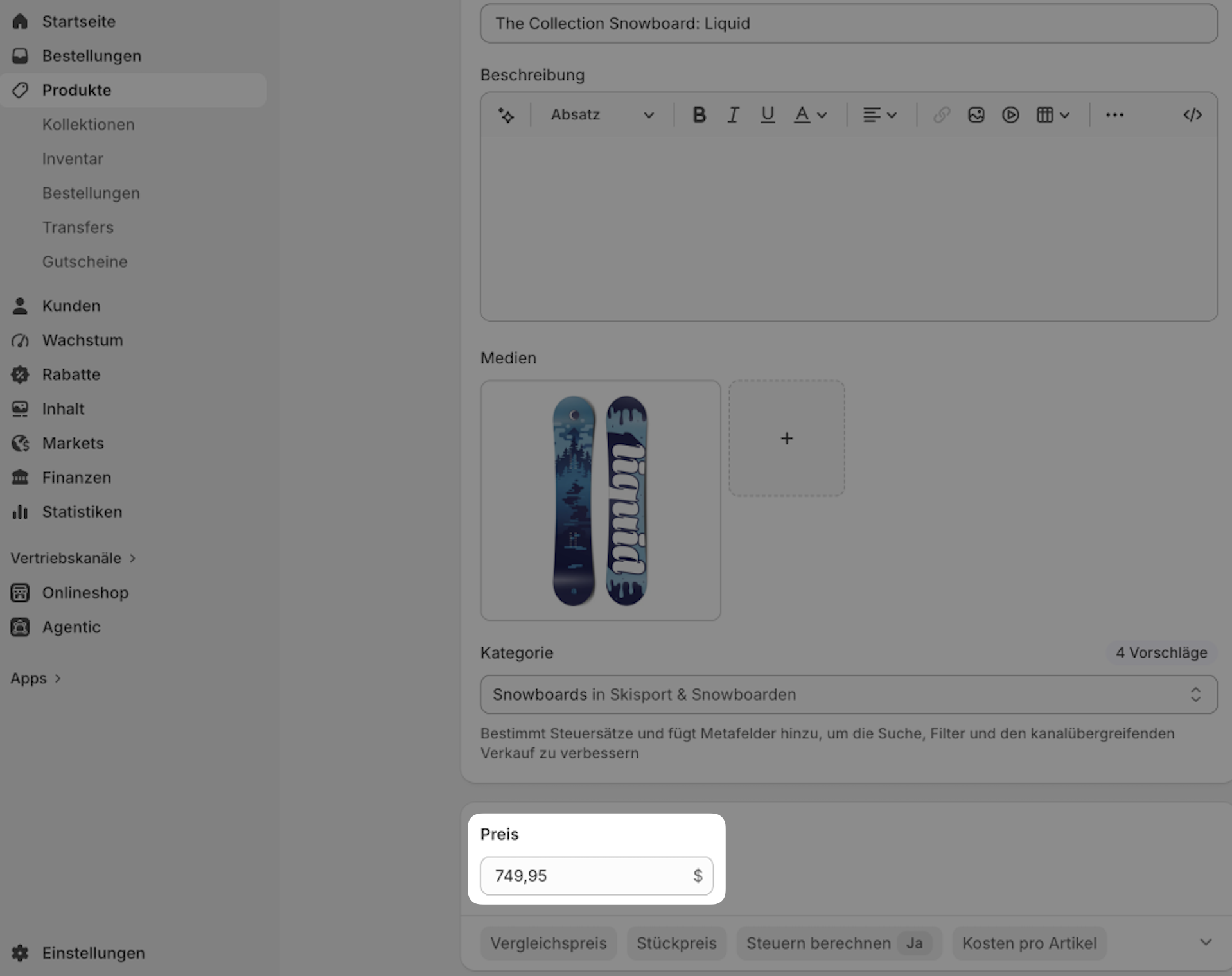 Bild, das zeigt, wo der Produktpreis in Shopify festgelegt wird.