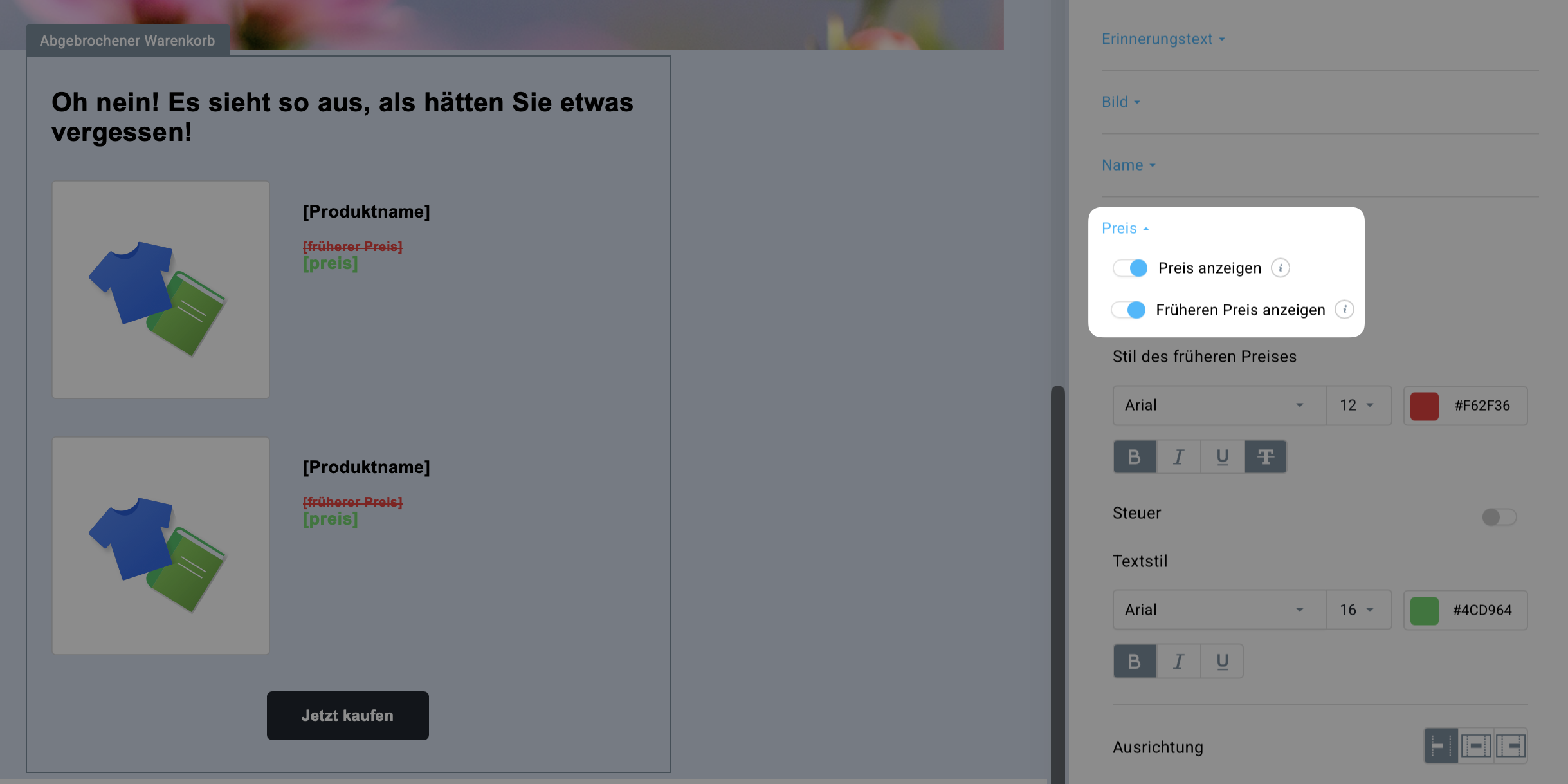 Schalter Preis anzeigen und Früheren Preis anzeigen im Editor für E-Commerce-Kampagnen in GetResponse
