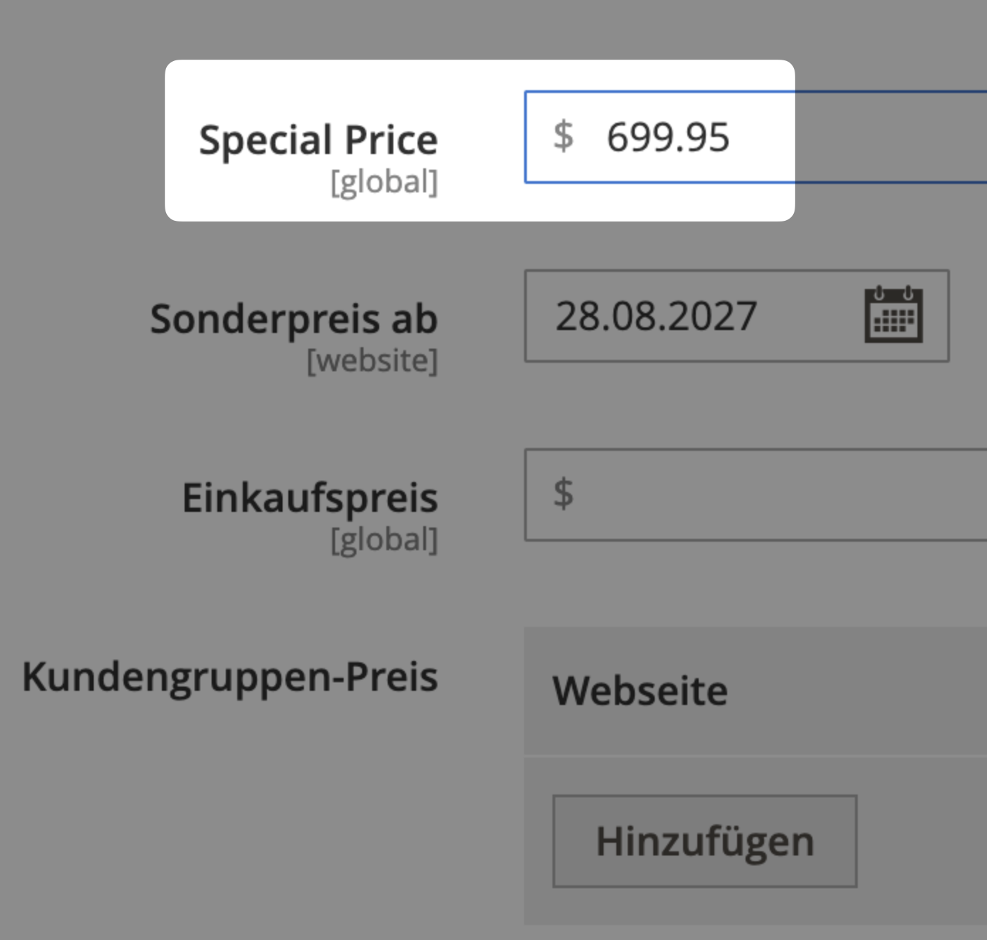 Special Price-Einstellung in Magento