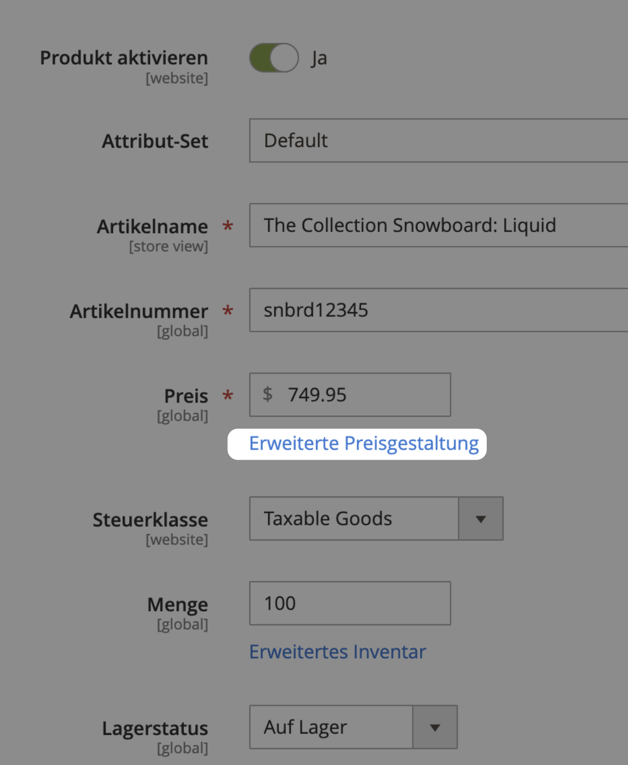 Option Erweiterte Preisgestaltung in Magento