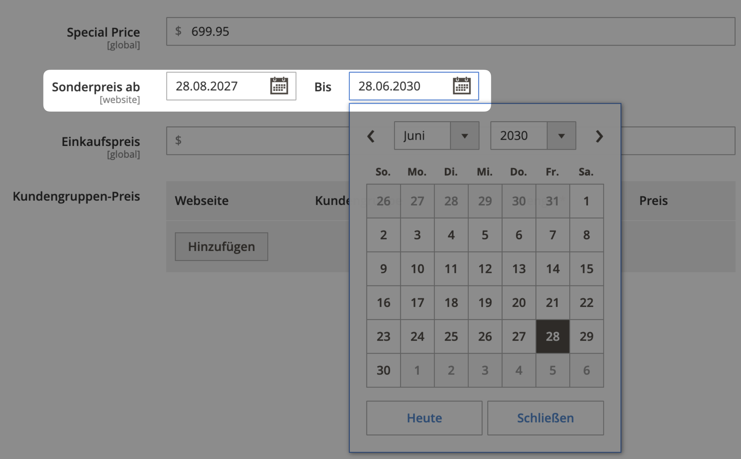 Festlegen eines Datumsbereichs in Magento