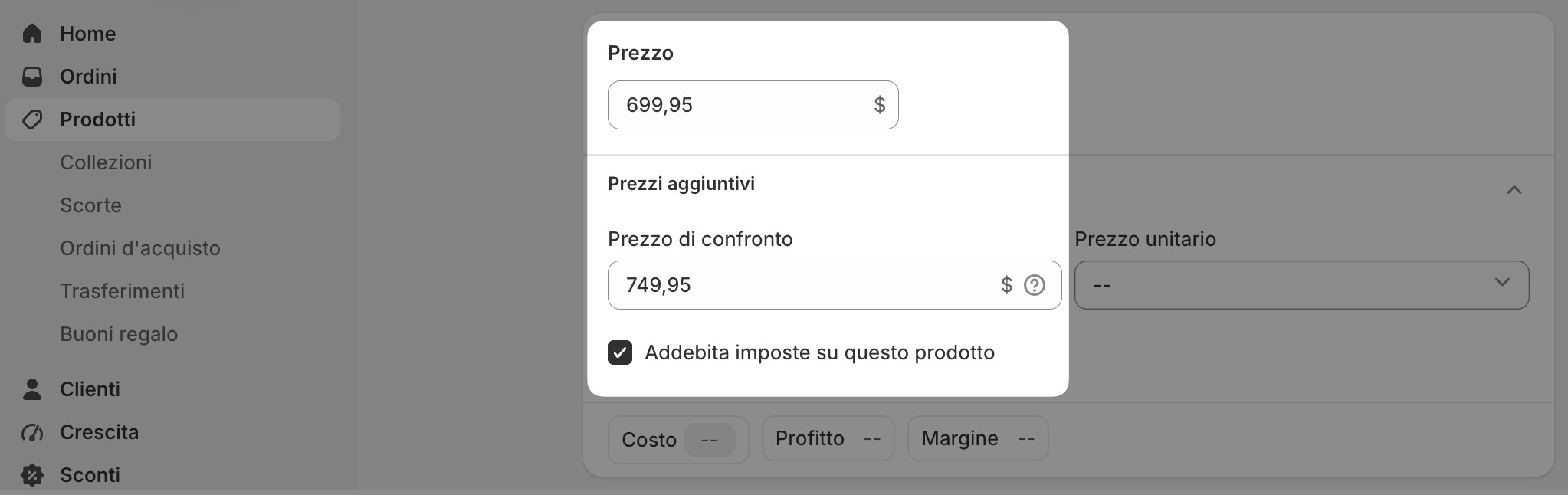 Immagine che mostra dove impostare il prezzo di confronto (“Compare-at price”) in Shopify.