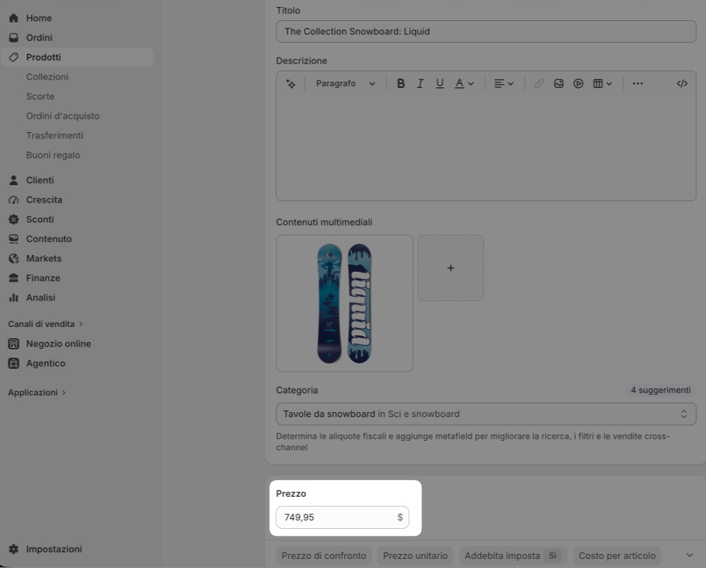 Immagine che mostra dove viene impostato il prezzo del prodotto in Shopify.