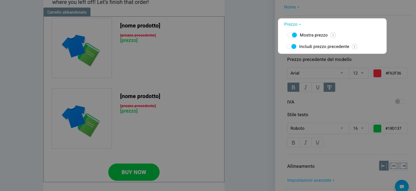 Mostra il prezzo e includi le opzioni per visualizzare il prezzo precedente nell’editor delle campagne ecommerce in GetResponse.