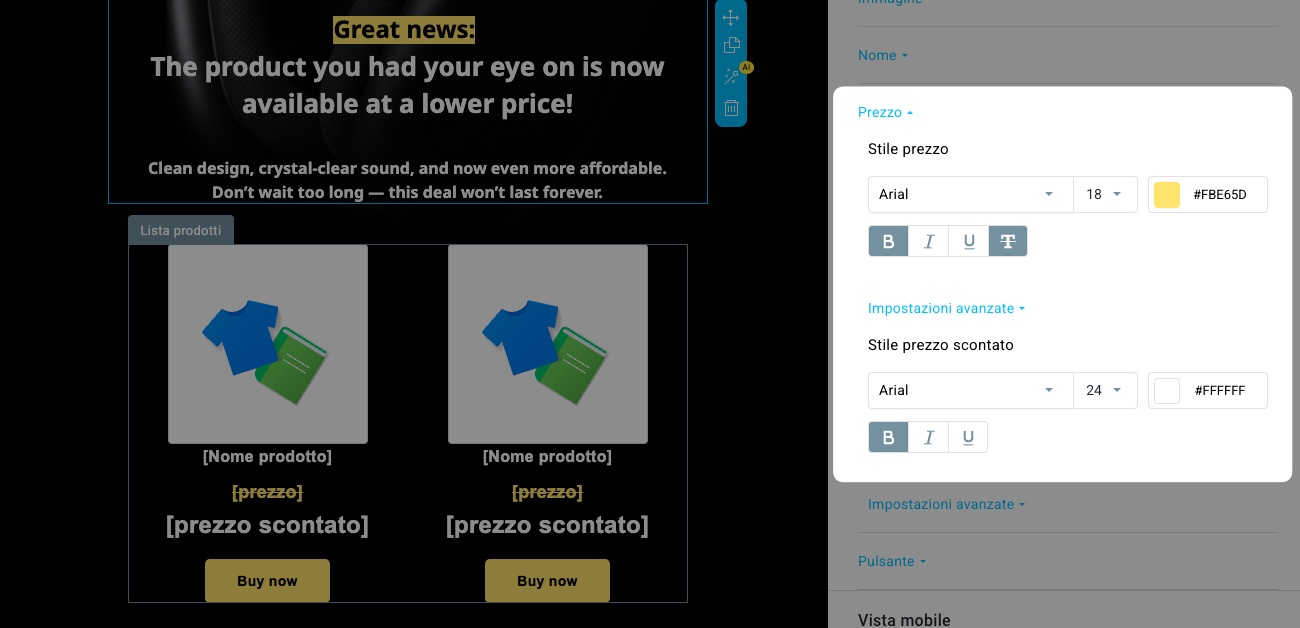 Mostra il prezzo e includi le opzioni per visualizzare il prezzo precedente nell’editor delle campagne Ecommerce in GetResponse.