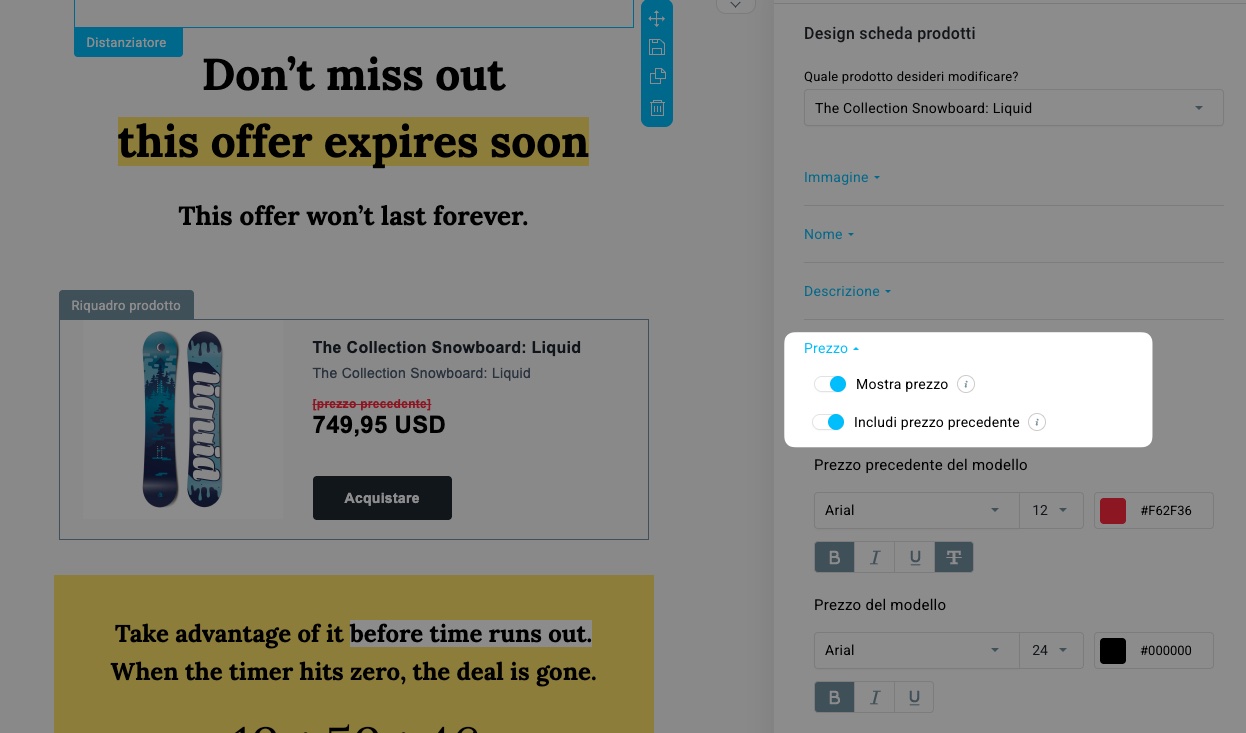 Mostra il prezzo e includi le opzioni per visualizzare il prezzo precedente nell’editor dei messaggi in GetResponse.