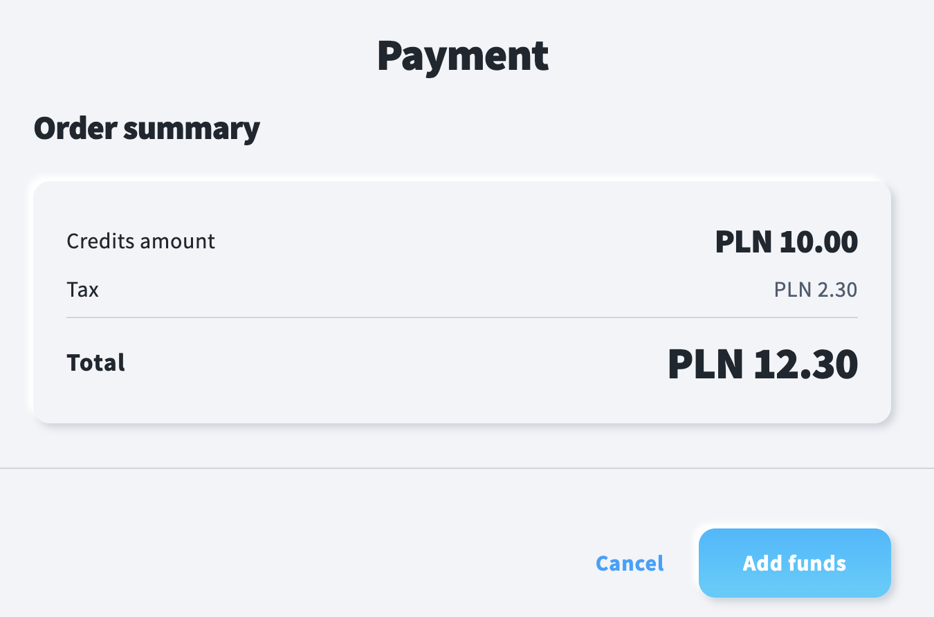 SMS order summary showing the amount to add, VAT, and the full amount to pay.