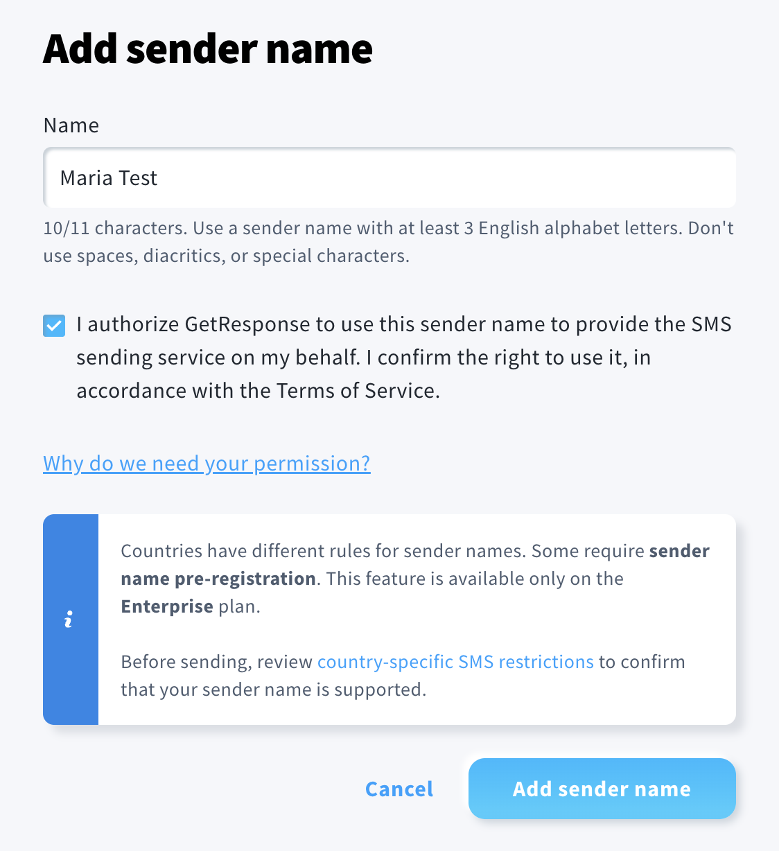 Add new sender name view.