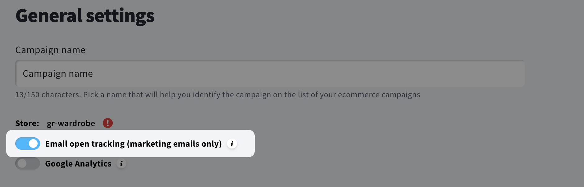 Disabling open tracking in ecommerce campaign settings.