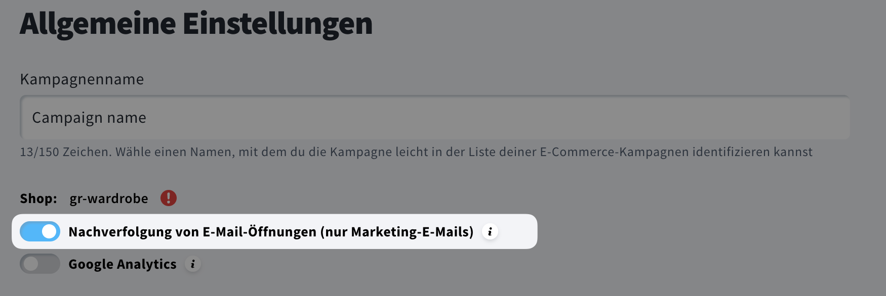 Deaktivieren der Öffnungsverfolgung in den Einstellungen für E-Commerce-Kampagnen.