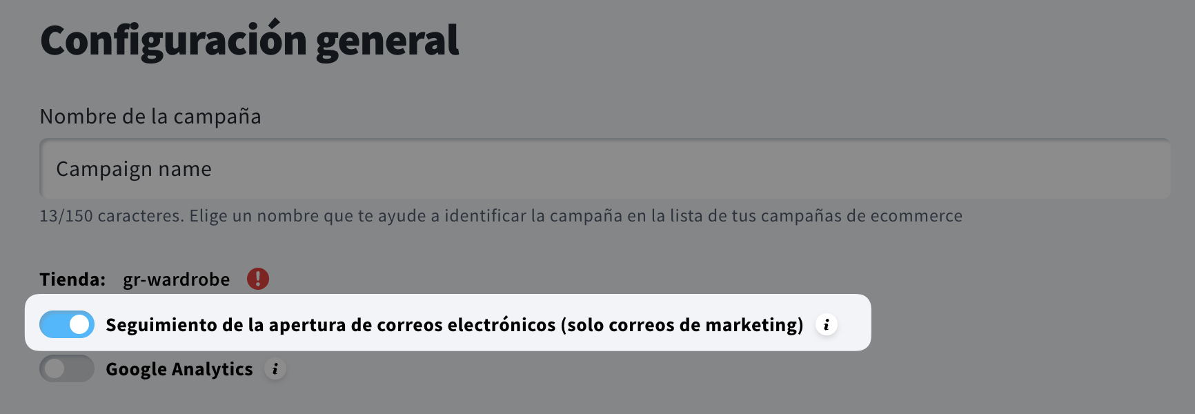 Desactivar el seguimiento de aperturas en la configuración de campañas de comercio electrónico.