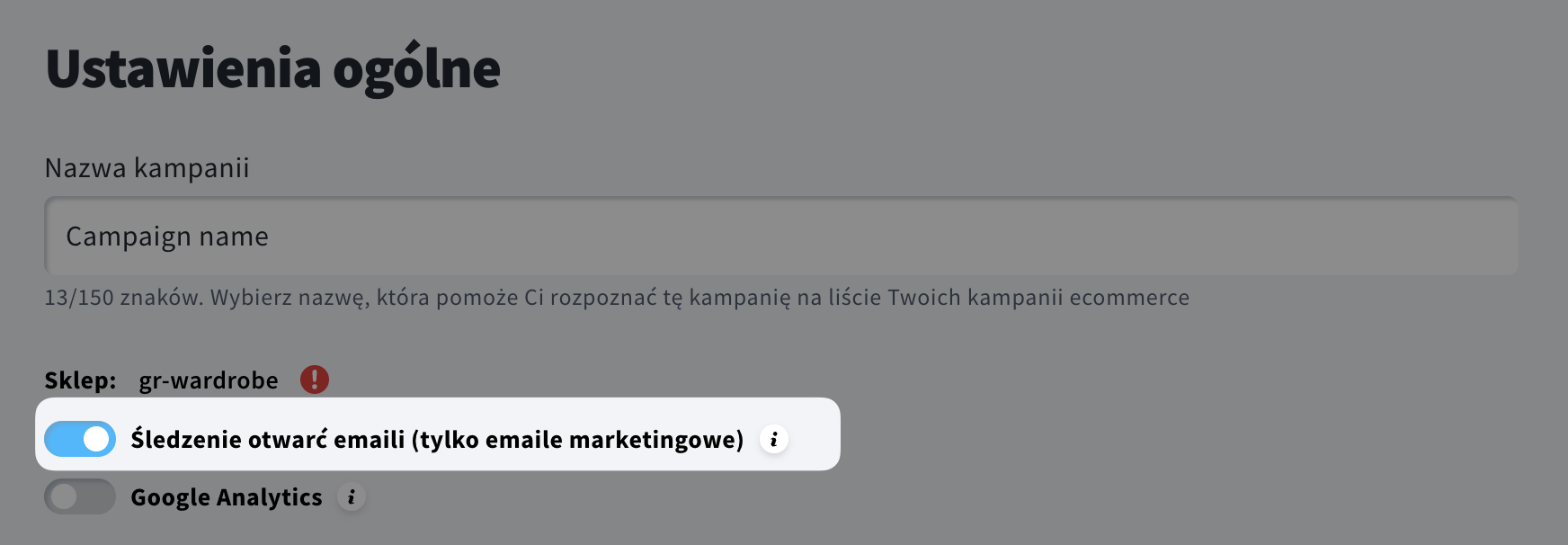 Wyłącznie śledzenia otwarć w ustawieniach kampanii ecommerce.