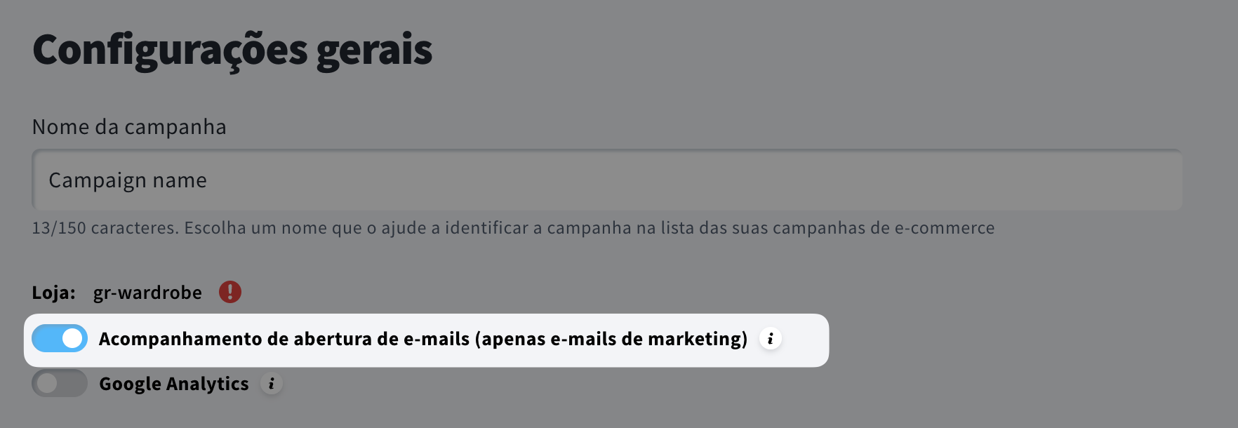 Desativar o rastreamento de aberturas nas configurações de campanhas de e-commerce.