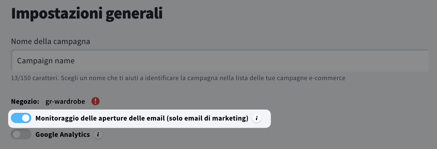 Disattivazione del monitoraggio delle aperture nelle impostazioni delle campagne e-commerce.