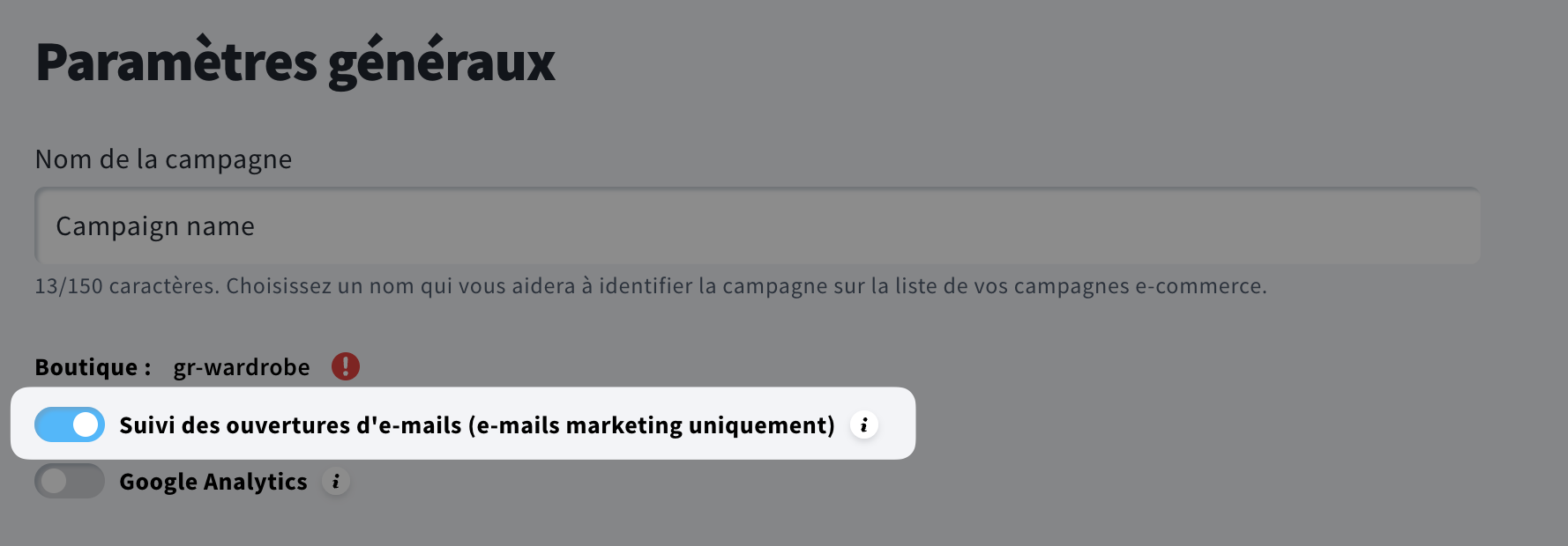 Désactivation du suivi des ouvertures dans les paramètres des campagnes e-commerce.
