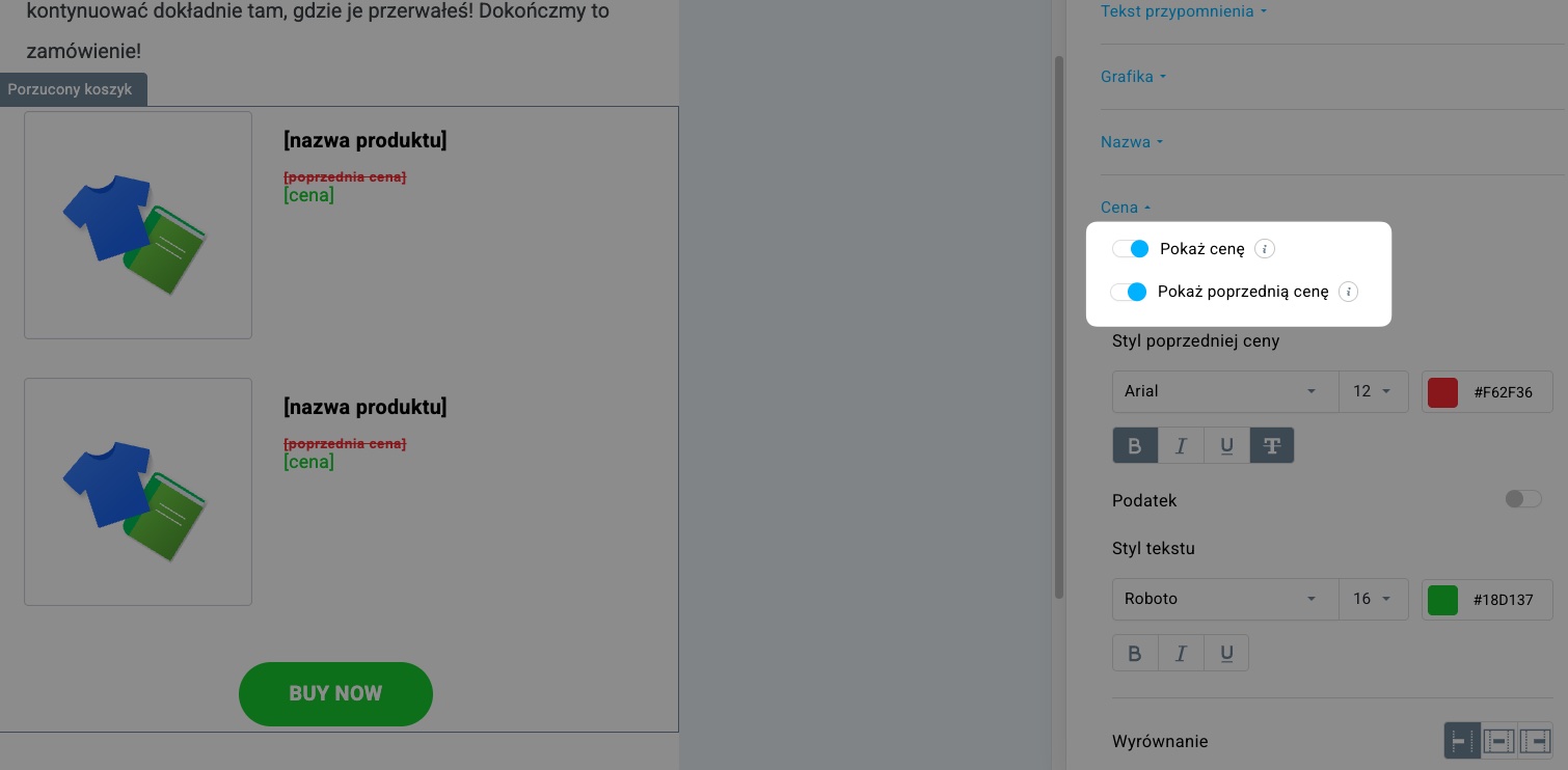 Przełączniki Pokaż cenę i Pokaż poprzednią cenę w edytorze kampanii e-commerce GetResponse.
